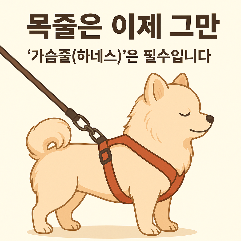 목줄 대신 목을 조이지않는 하네스를 착용하고 편하게 산책을 하고 있는 강아지 모습