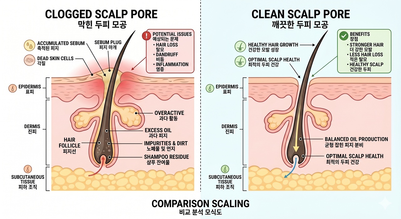 모공이 막힌 두피와 깨끗한 두피의 비교 모식도