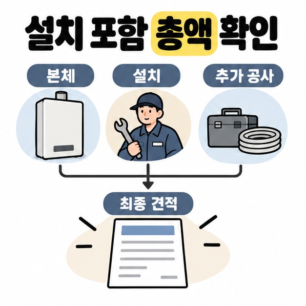 설치 포함 총액 확인 문구 아래에 본체와 설치, 추가 공사 항목을 하나의 최종 견적으로 모으는 구조를 보여주는 그림