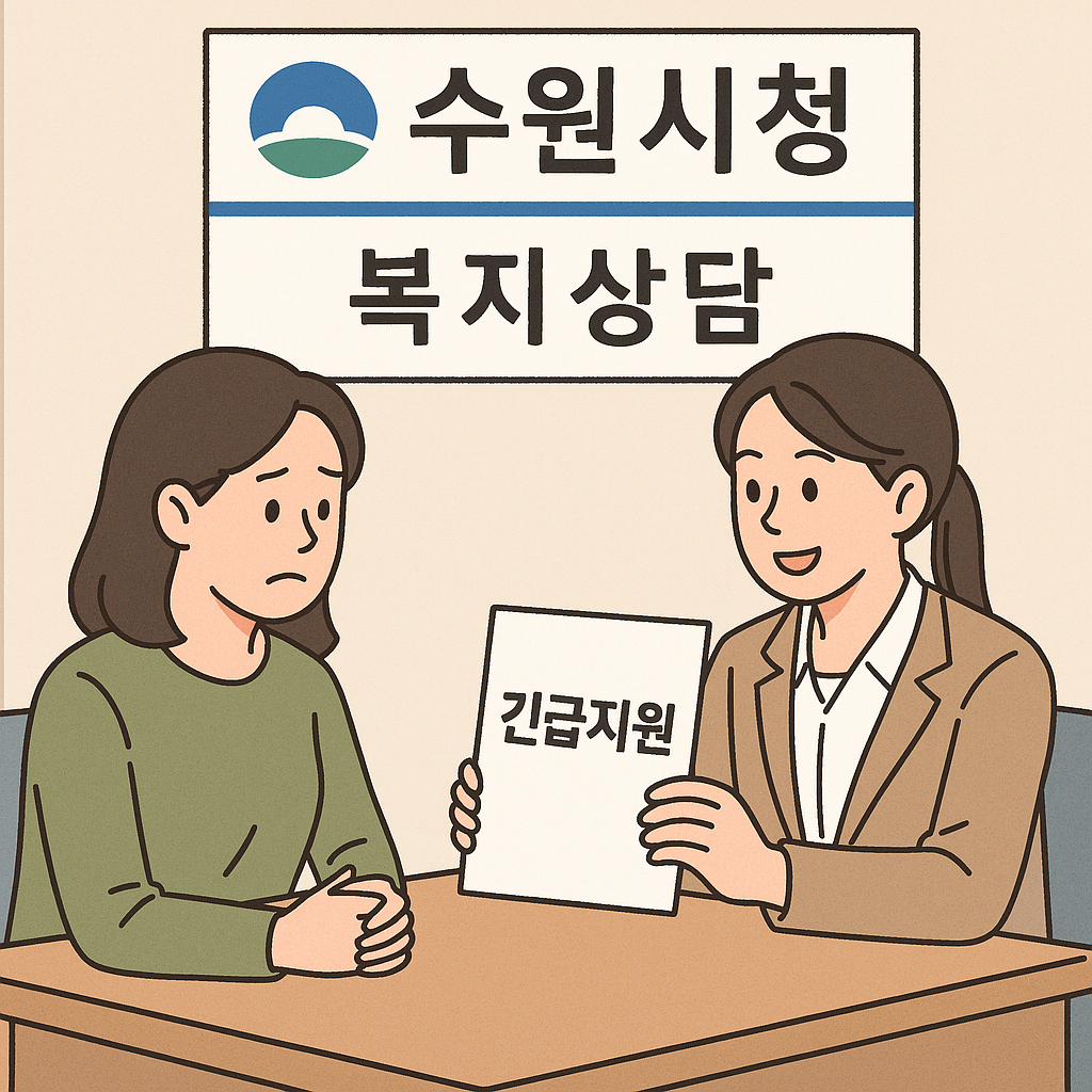 수원시청 복지창구에서 긴급지원 상담을 받고 있는 시민과 직원의 모습