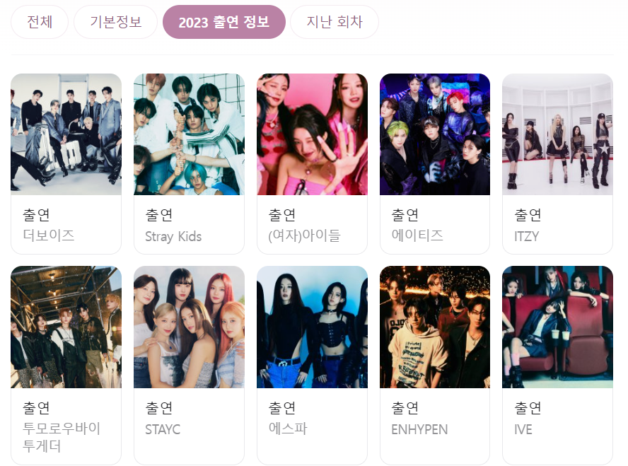 2023 sbs 가요대전 출연 확정 가수들:더보이즈, 스트레이키즈, 여자 아이들, 에이티즈 ,잇지 ITZY, 투모로우바이투게더(투바투),STAYC 스테이씨, 에스파 aespa, 엔하이픈, 아이브 IVE