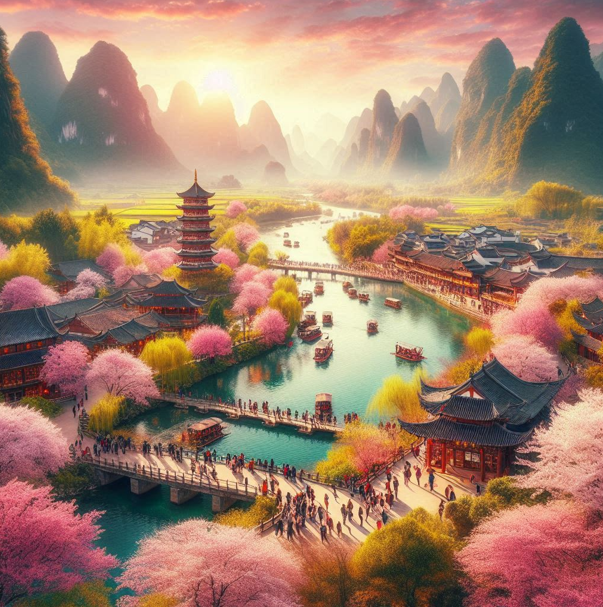 관광지에서 봄 여행을 즐기는 사람들