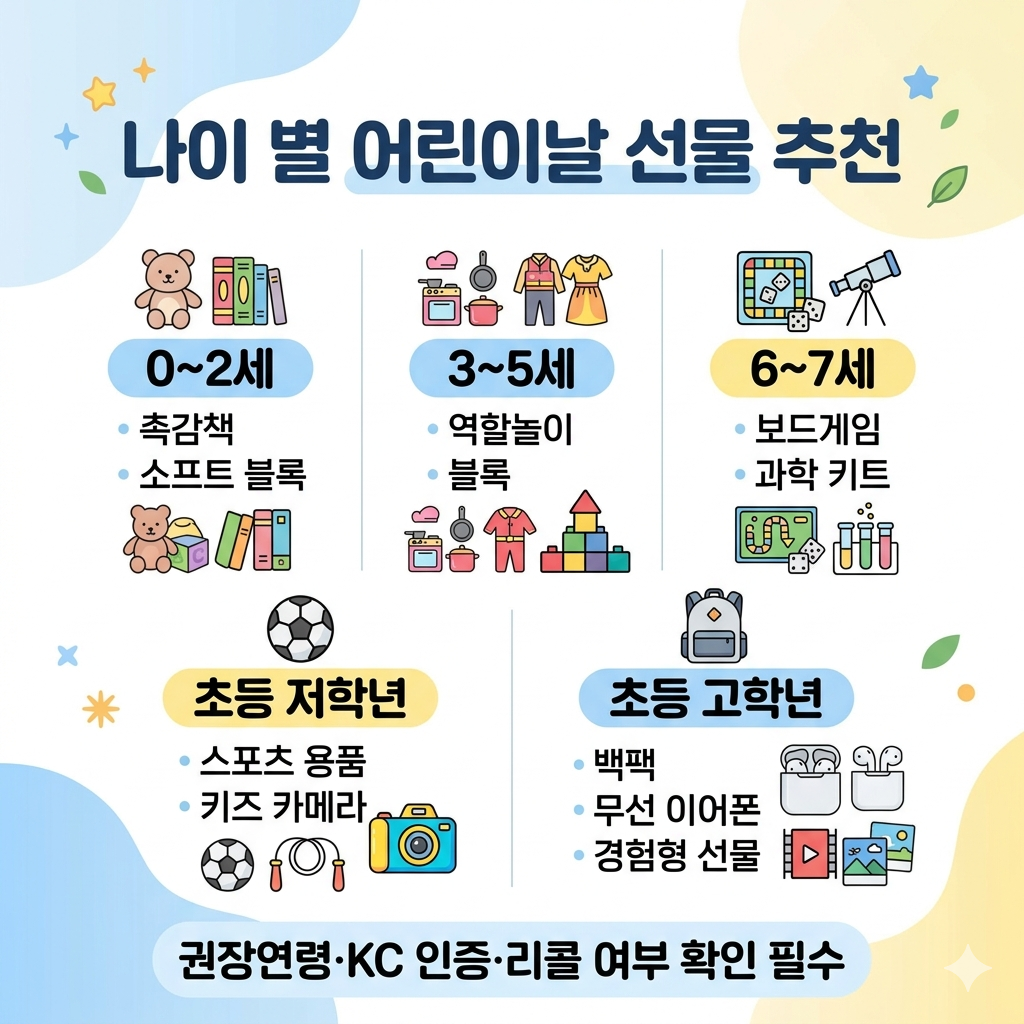 나이 별 어린이날 선물 추천 2026 0세부터 초등 고학년까지 실패 줄이는 고르는 법 인포그래픽