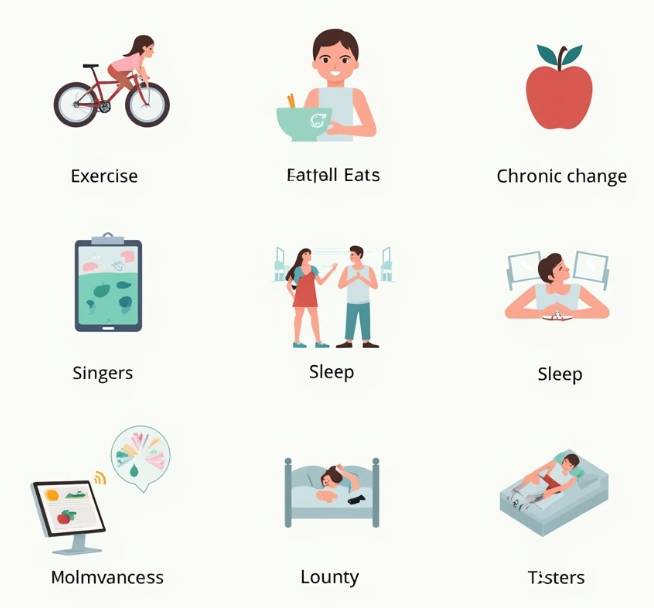 만성피로 관리를 위한 다양한 방법을 보여주는 일러스트레이션. 운동, 건강한 식사, 명상, 수면 등이 아이콘으로 표현되어 있습니다.