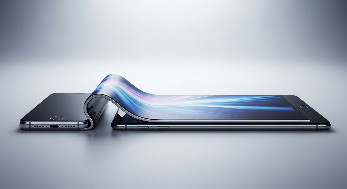 콤팩트한 스마트폰에서 태블릿 크기로 화면이 매끄럽게 확장되는 롤러블 디스플레이의 개념 이미지. 미래 기술의 유연성을 강조합니다.