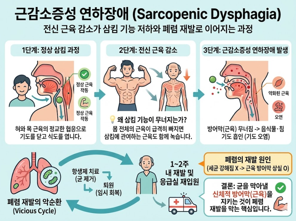 근감소증성 연하장애 진행 과정 도식, 전신 근육 감소가 삼킴 기능 저하와 흡인성 폐렴 재발로 이어지는 단계별 설명