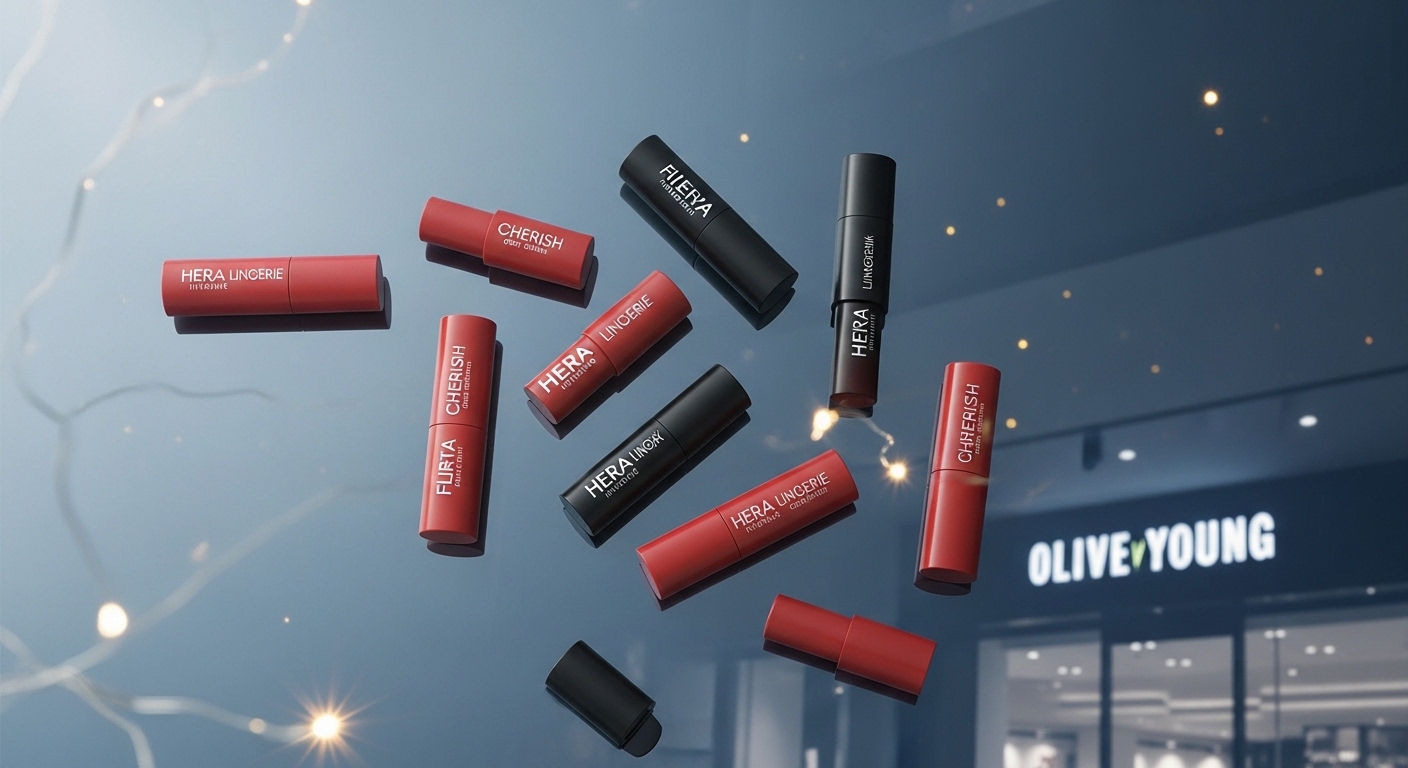 2026년 올리브영 첫 세일을 알리는 헤라 란제리 플러티 체리쉬 립밤 전색상과 할인 쿠폰이 놓인 고급스러운 테이블.
