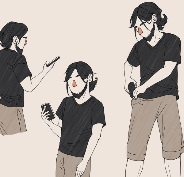 세남자가 각각 문자를 보기 위해 핸드폰을 꺼내드는 모습 일러스트