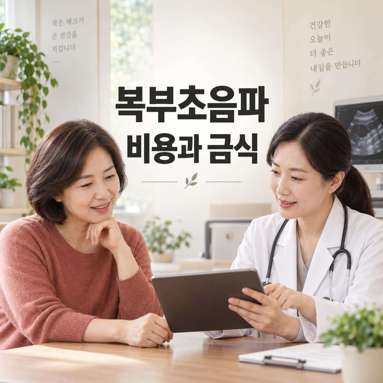 복부초음파 비용과 금식시간을 의료진과 상담하는 여성
