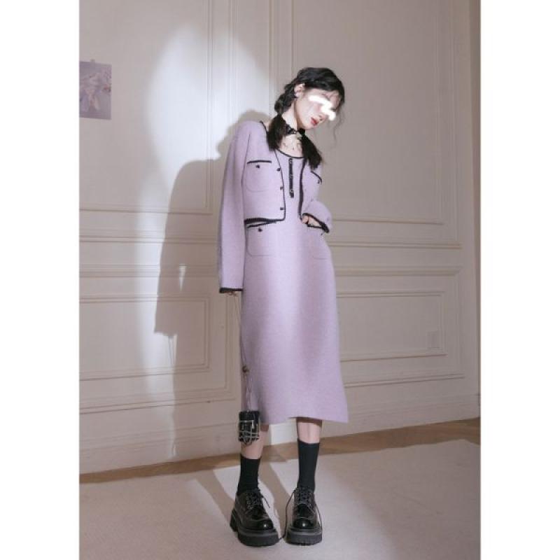 유니크원피스 연보라 슬립 니트 원피스 크롭가디건 세트