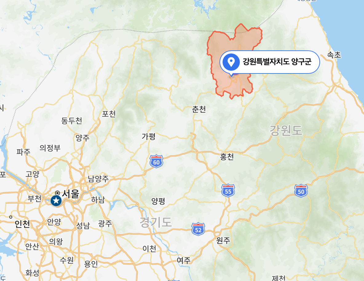 한반도 상에 강원도 양구의 위치를 표시한 사진