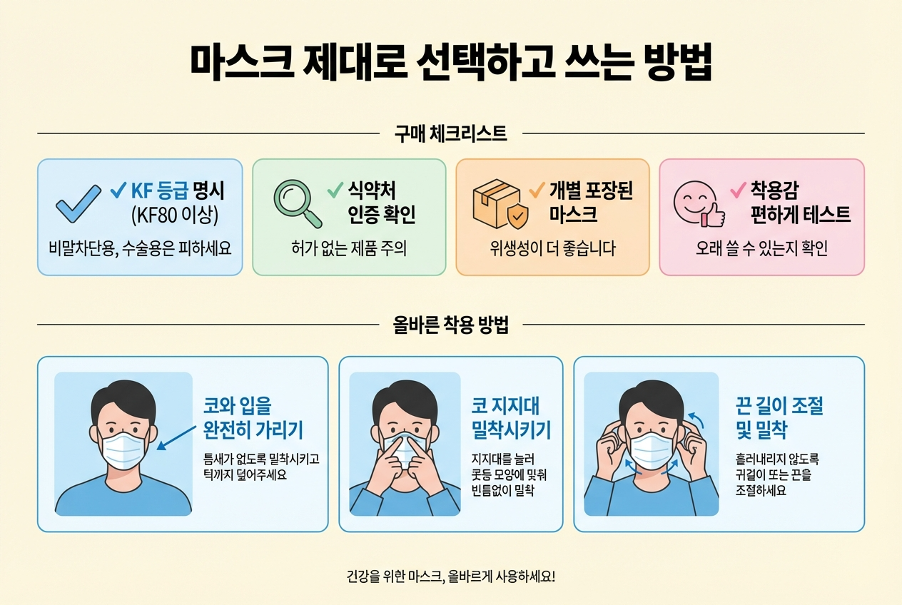 Alt 태그: "마스크 올바른 선택 및 착용법, 구매 체크리스트, 코입 완전히 덮기 틈 없이 밀착 턱 아래까지"
