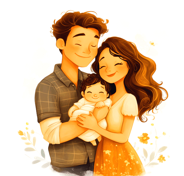 갈색머리 남자와 긴머리 부인이 아기를 안고 서로 행복한 미소를 지으며 포옹하고 있다.