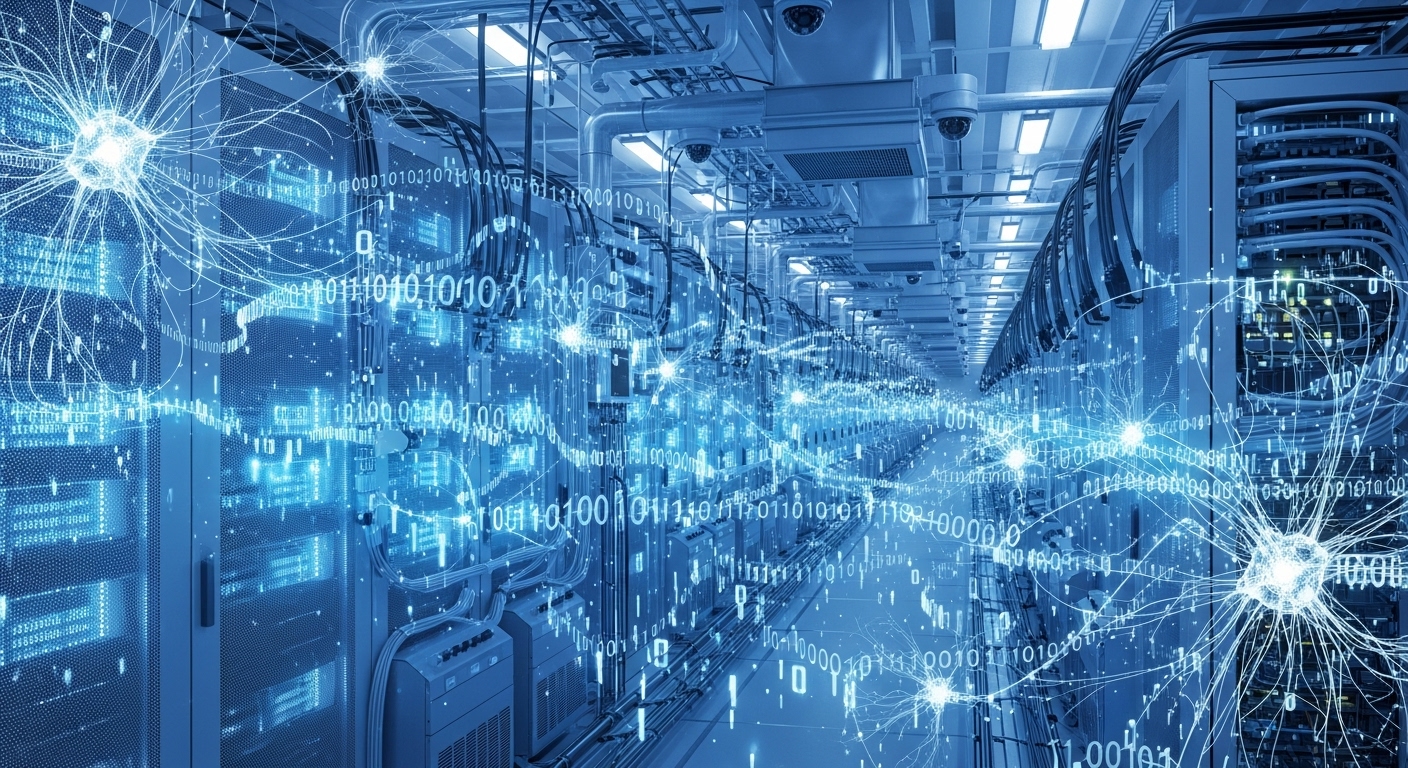 빛나는 서버 랙과 데이터 흐름으로 가득 찬 첨단 데이터 센터의 모습. AI 인프라의 핵심을 보여줍니다.