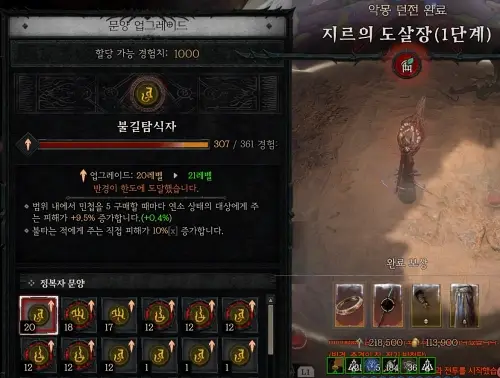 문양 업그레이드를 위한 할당 가능 경험치 1000포인트