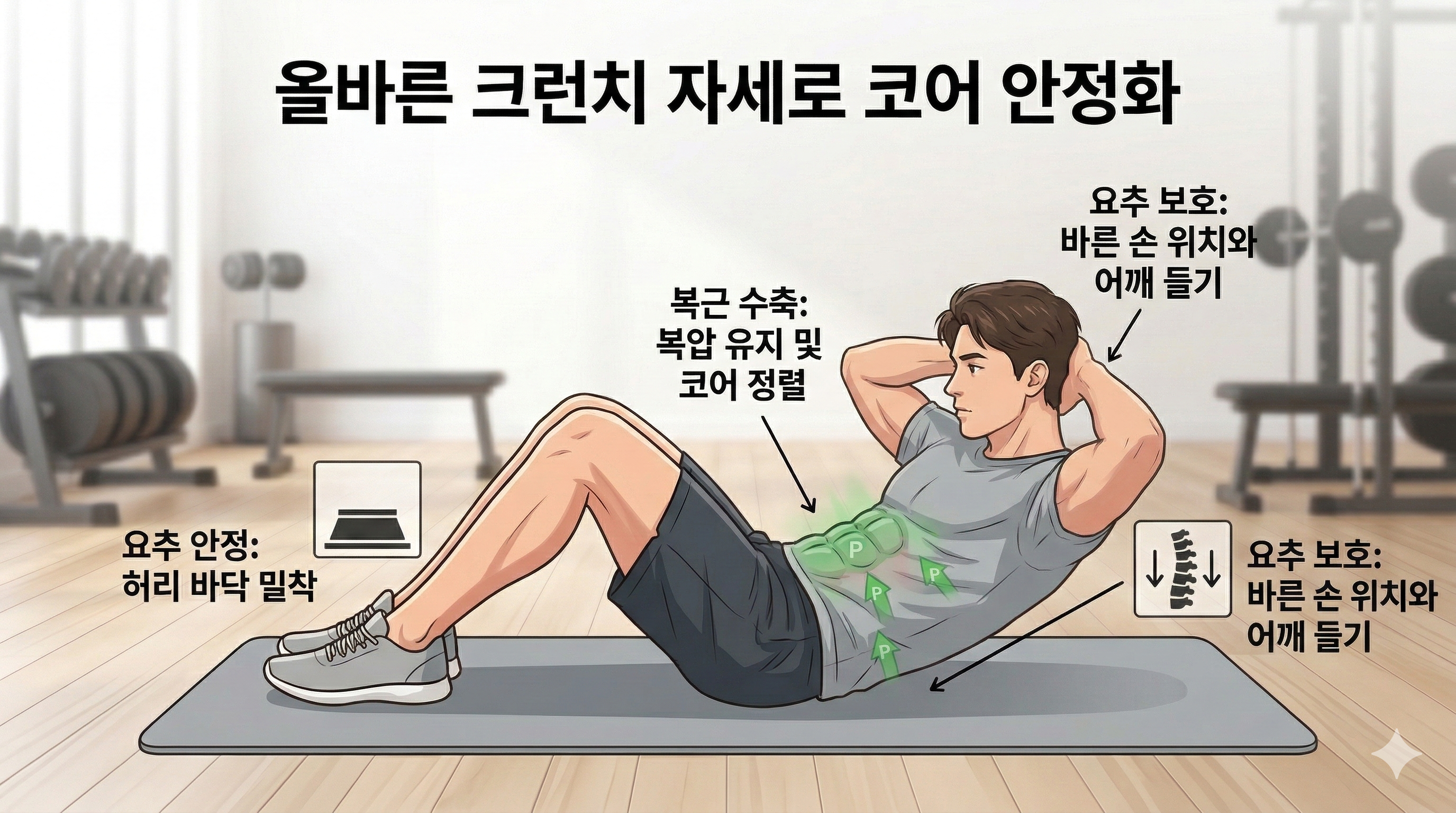 크런치 복근 수축 구간 복압 유지 코어 안정