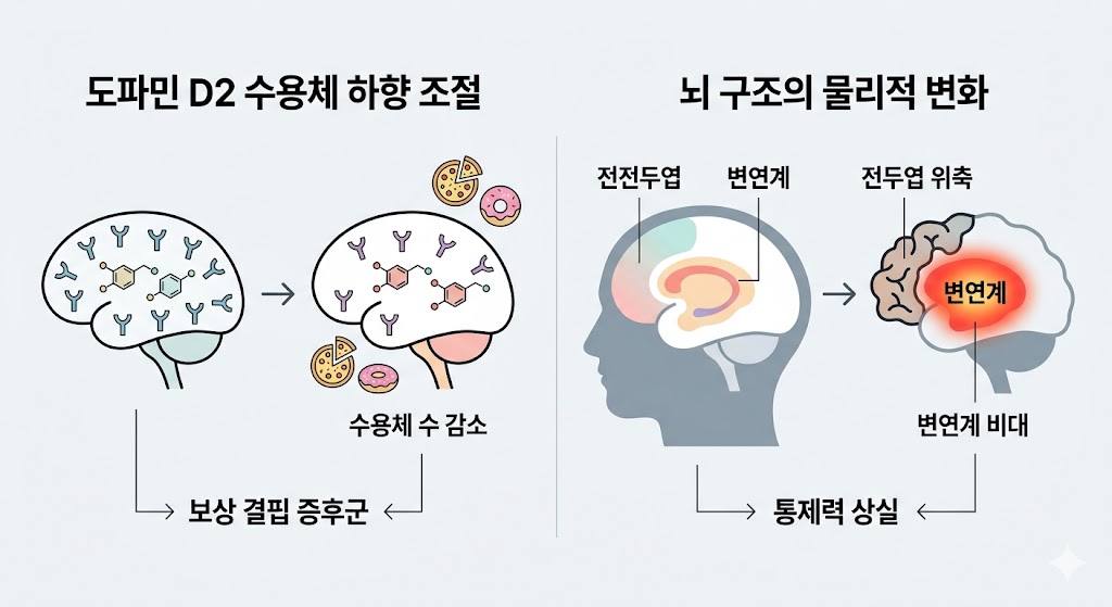 도파민 수용체 감소에 따른 보상 결핍과 뇌 구조의 물리적 변화를 설명하는 인포그래픽입니다. 전두엽 위축과 변연계 비대로 통제력을 상실하는 과정을 단순한 뇌 도식과 화살표를 활용해 핵심적인 신경학적 메커니즘 위주로 명확하게 표현했습니다.