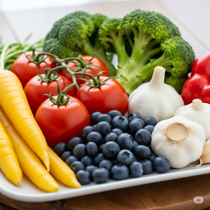 컬러푸드 5색 식단:
적색(토마토), 황색(당근), 녹색(브로콜리), 자색(블루베리), 흰색(마늘) 매일 조합