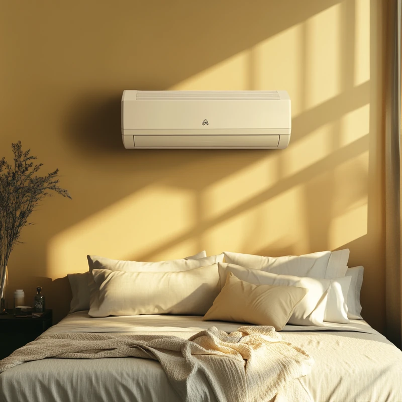 침실에 조용하면서도 효율적으로 작동하는 에어컨이 설치되어 편안한 수면을 제공합니다. 따뜻한 인테리어와 조화를 이루며 조용한 저녁을 약속합니다.