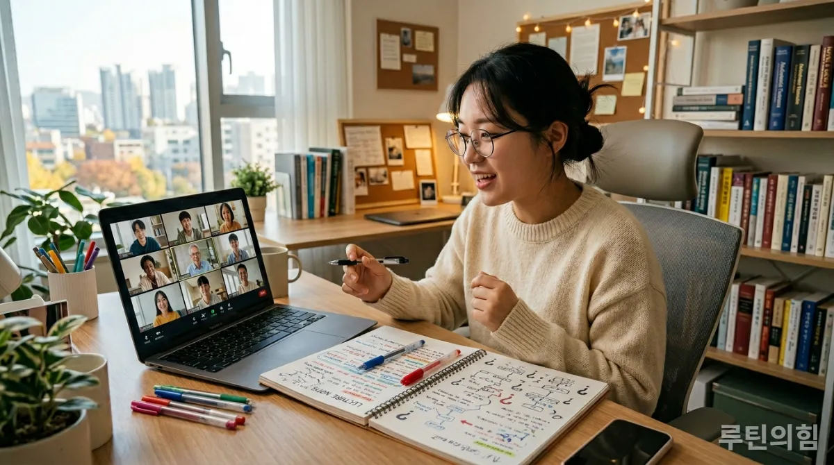 인강 내용을 질문하고 토론하는 한국인 학생의 모습
