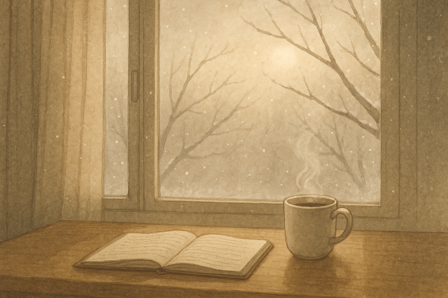 겨울 오후의 고요한 빛과 따뜻한 실내 공기를 표현한 감성적인 일러스트