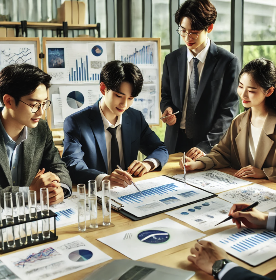 대학생들이 협업하며 연구 프로젝트를 진행하는 모습.