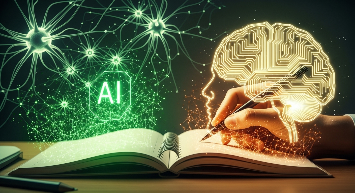 AI와 인간의 글쓰기 협업을 나타내는 역동적인 디지털 아트 이미지