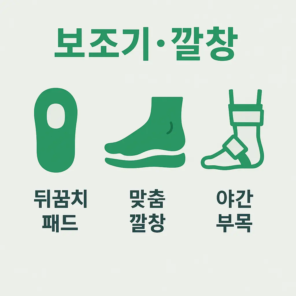 족저근막염 보조기 및 깔창 인포그래픽으로, 뒤꿈치 패드, 맞춤 깔창, 야간 부목 등을 활용해 충격을 완화하고 회복을 돕는 보조적 치료법을 보여주는 이미지입니다.
