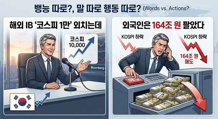해외 IB의 긍정적 전망과 달리 대규모 매도세를 보이는 상황을 대조한 일러스트.