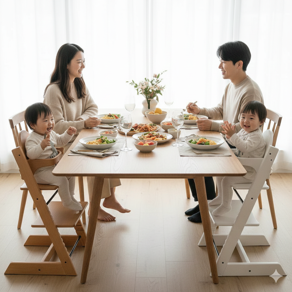 세련된 원목 식탁에 자연스럽게 어우러진 스토케 트립트랩 하이체어와 행복하게 식사하는 가족