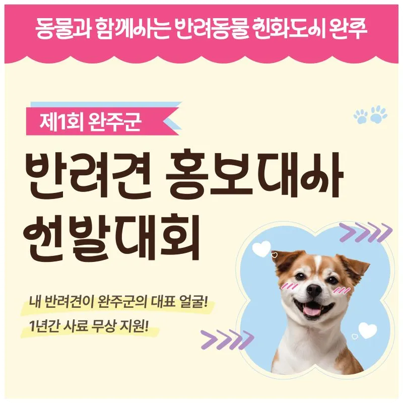 1년간 사료 무상 지원 제1회 완주군 반려견 홍보대사 선발대회 소개 일정 참가 대상 지원서 신청 접수 방법 완주문화재단