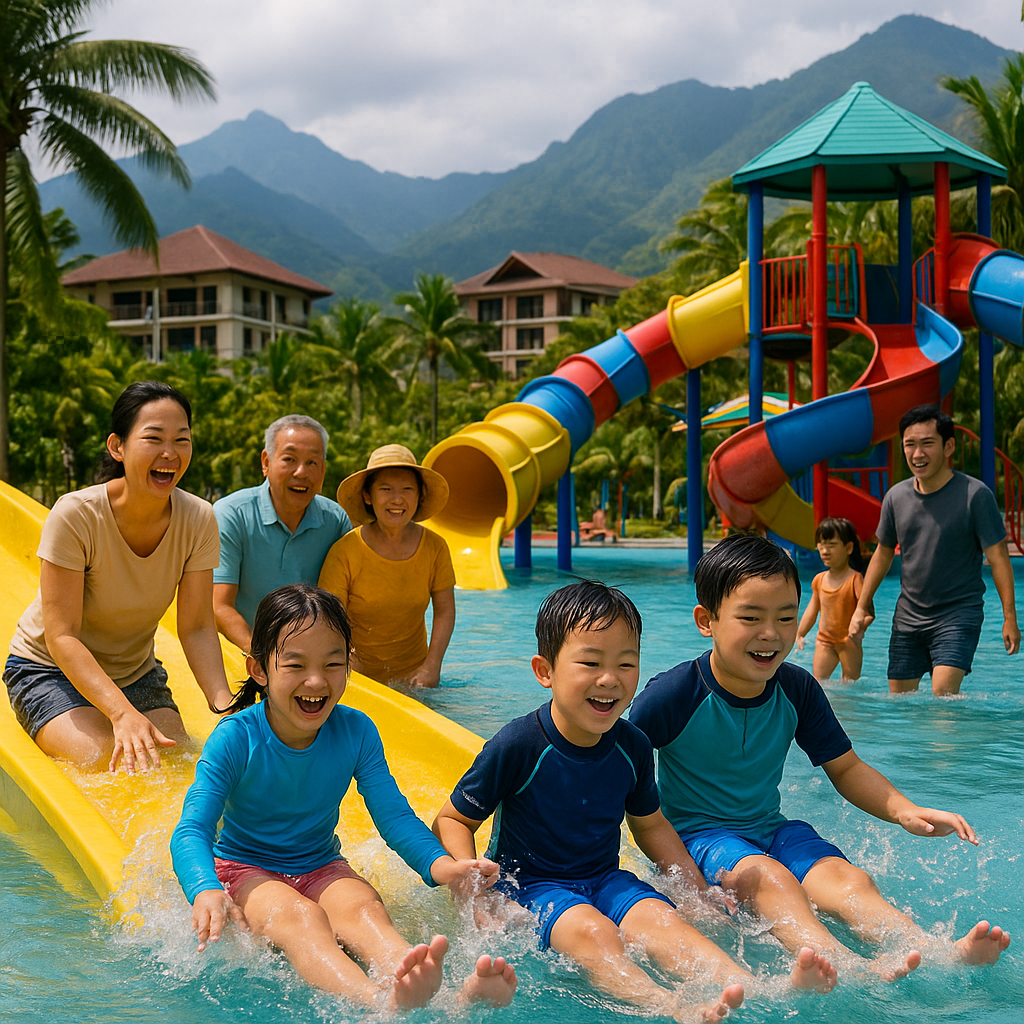 베트남 워터파크에서 다세대 아시아 가족이 워터 슬라이드와 풀장에서 환하게 웃으며 즐거운 시간을 보내는 장면