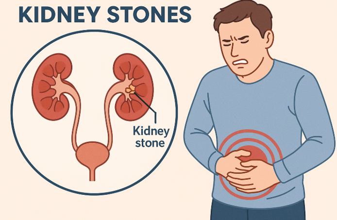 요로결석에 아파하는 남자와 신장구조 사진