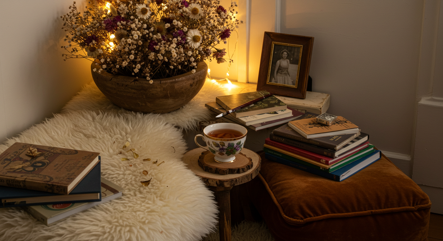 따뜻한 조명 아래 드라이플라워와 찻잔, 책이 놓인 한적한 공간. 컬러 공부를 마무리하고 차분한 여운을 남기는 분위기입니다.