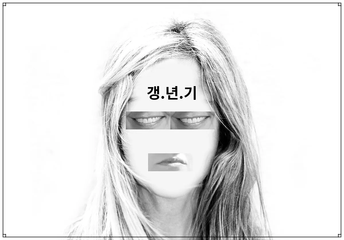 흑백으로 처리된 얼굴 사진에 눈과 입이 왜곡되어 다른 이미지로 교체된 초현실적 표현. 이마에는 '갱.년.기'라는 글자가 적혀 있음