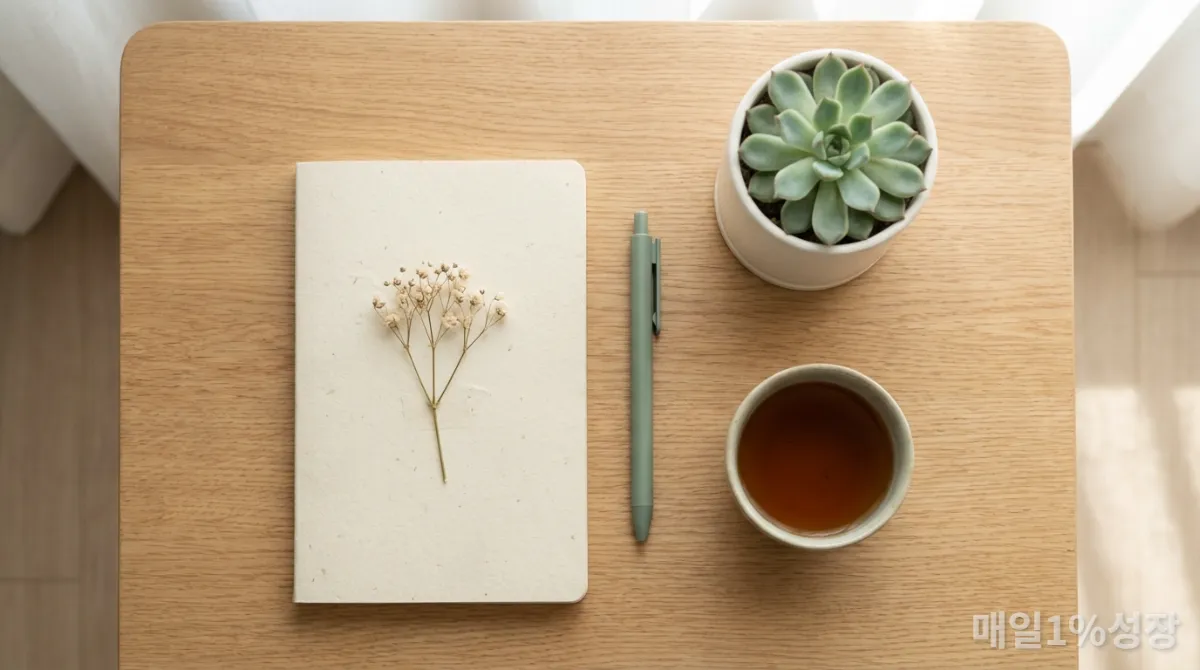 감정 일기 시작을 위한 노트, 펜, 차가 놓인 평화로운 책상