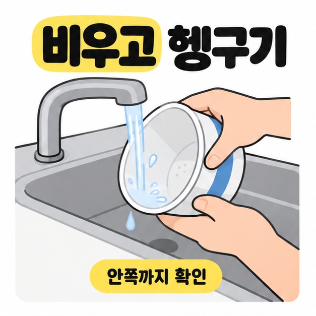 음식물을 비운 컵라면 용기 내부를 싱크대에서 물로 헹구는 모습