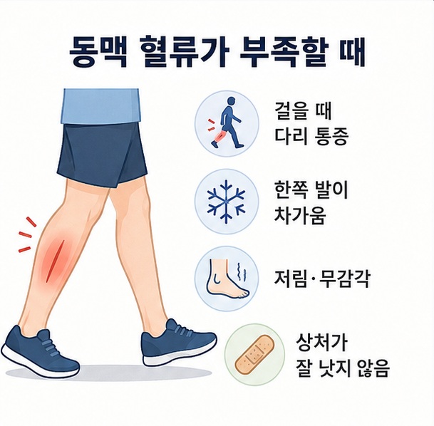걸을 때 반복되는 다리 통증과 한쪽 발의 차가움, 저림, 잘 낫지 않는 상처 등 동맥 혈류 감소 때 볼 수 있는 증상을 정리한 이미지
