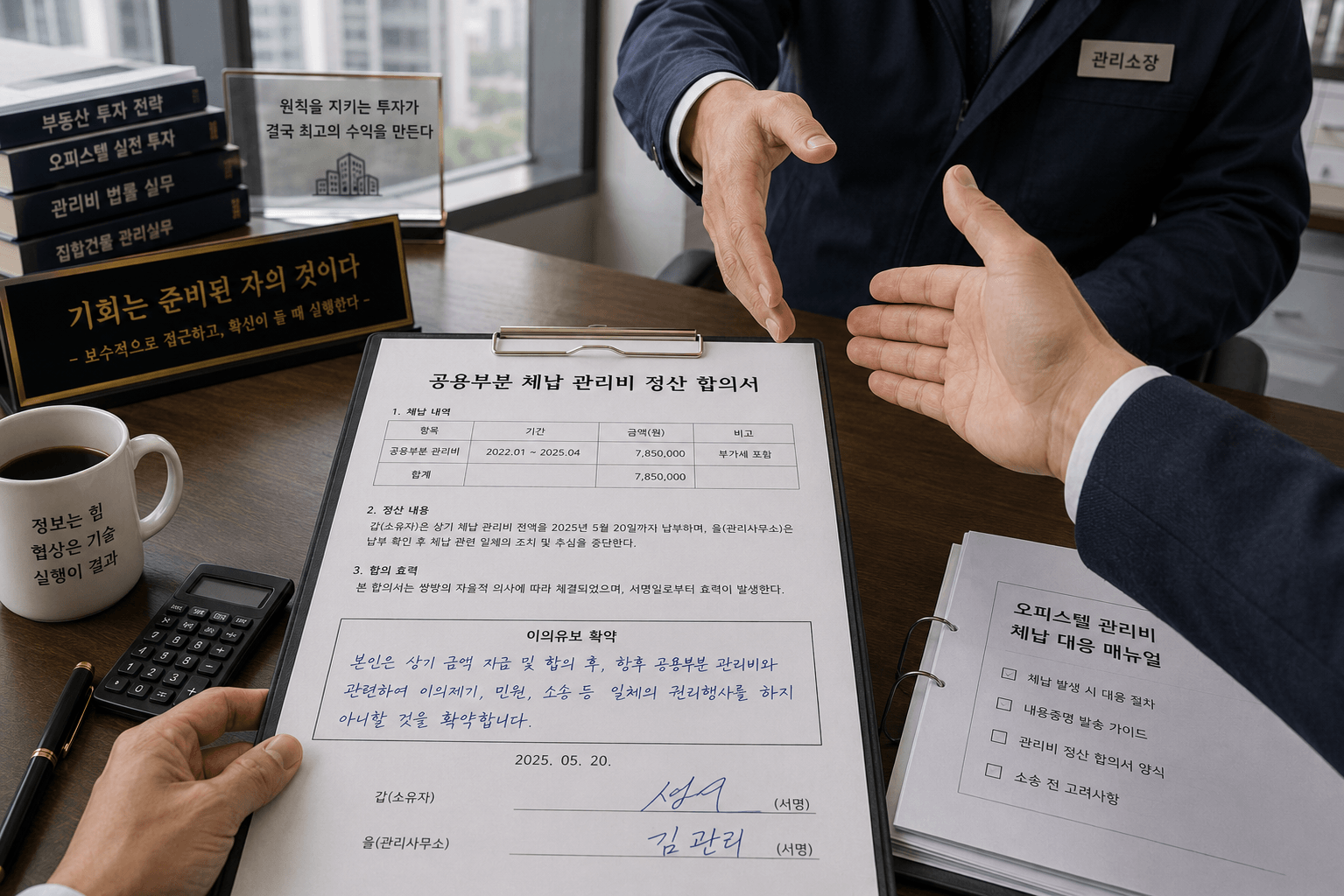 공용부분 체납 관리비 정산 합의서 양식의 서명란 위에 이의유보 확약 문구를 명확히 볼펜으로 적어 넣으며 오피스텔 관리소장과 악수를 나누는 투자자의 손