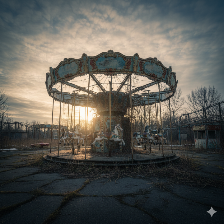 어둠이 걷히고 희미한 햇살이 비치는 폐놀이공원 회전목마 사진