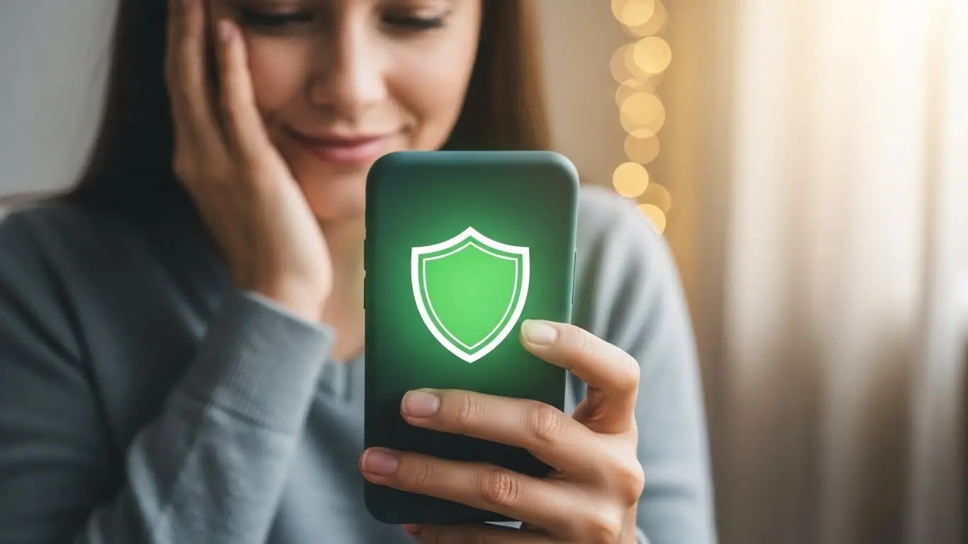 스마트폰 화면에 뜬 안전 인증 마크와 녹색 방패 아이콘을 보며 안도하는 금융 소비자의 모습