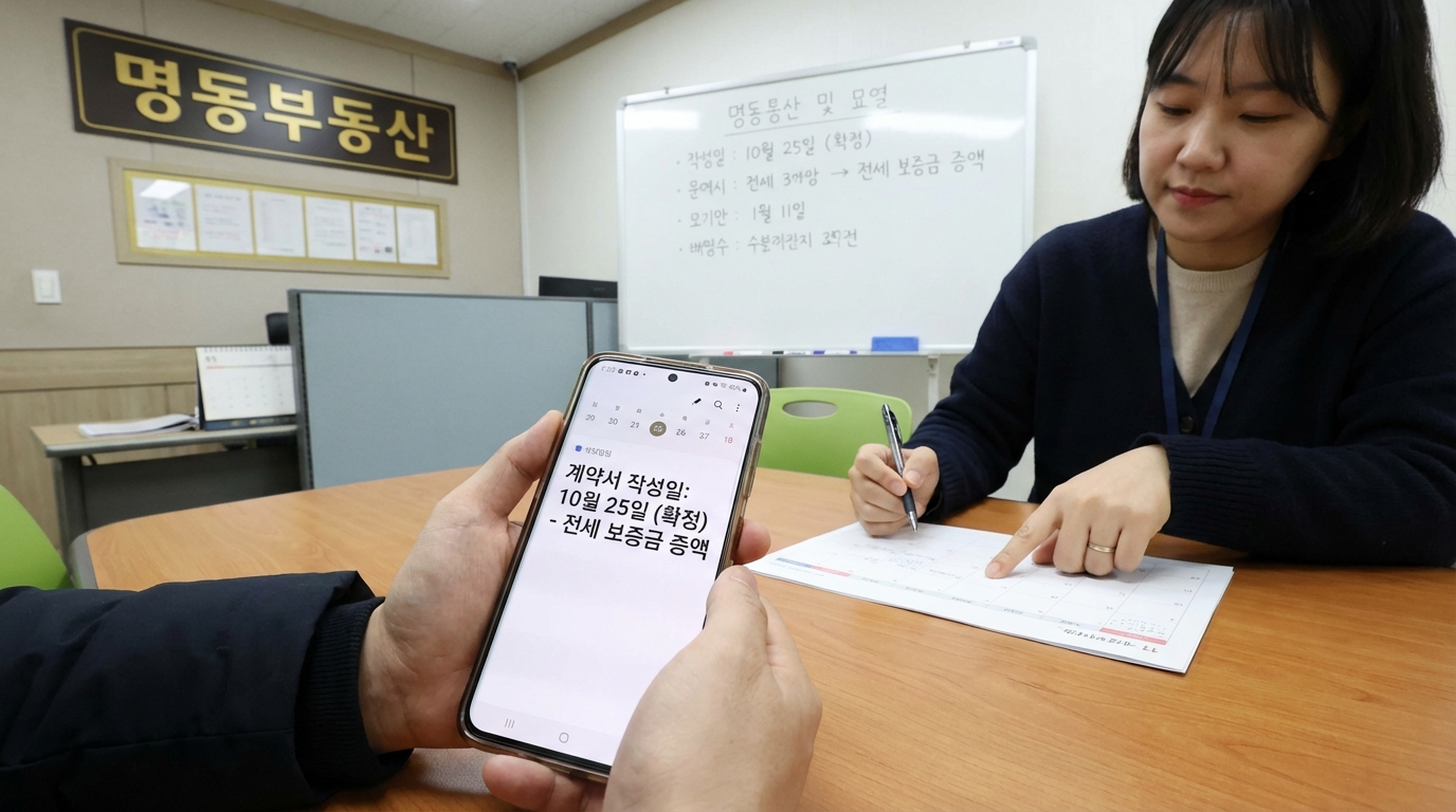 전세 보증금 증액 계약서 작성 및 확정일자를 새로 받는 모습 이미지