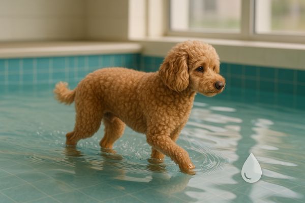 노령견이 물속에서 천천히 걷는 수중 운동 장면