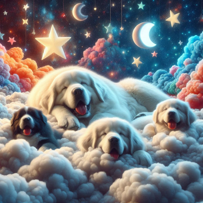 "꿈속의 구름 속에서 다양한 강아지들이 함께 놀고 있는 장면입니다."