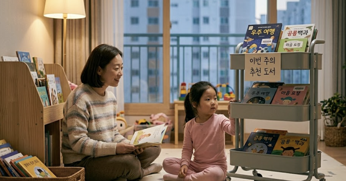 북카트 안의 큐레이션된 책을 바라보는 아이