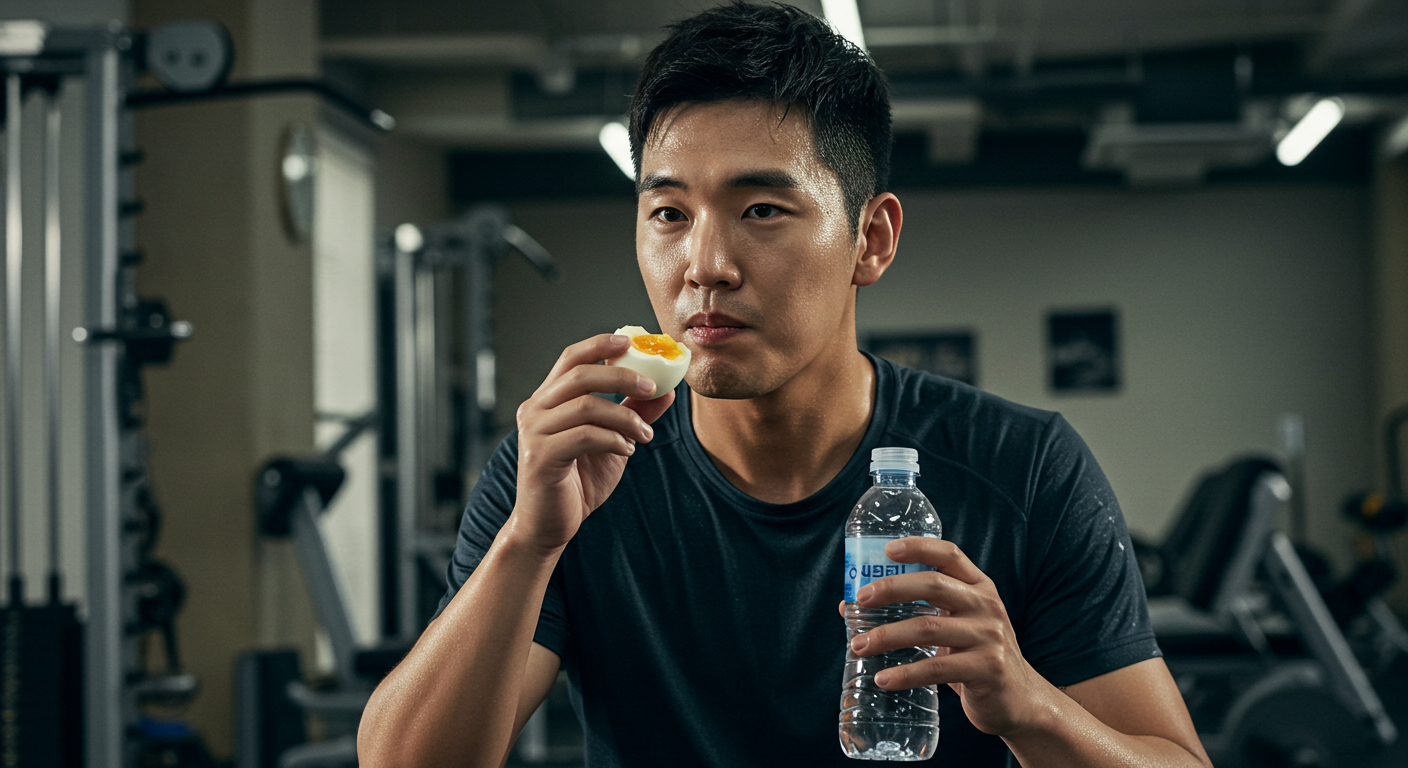 헬스장에서 운동 후, 한국인 남성이 물병 옆에서 구운계란을 간식으로 먹는 모습. 땀에 젖은 운동복, 사실적인 빛과 그림자. 4K 실제 사진.