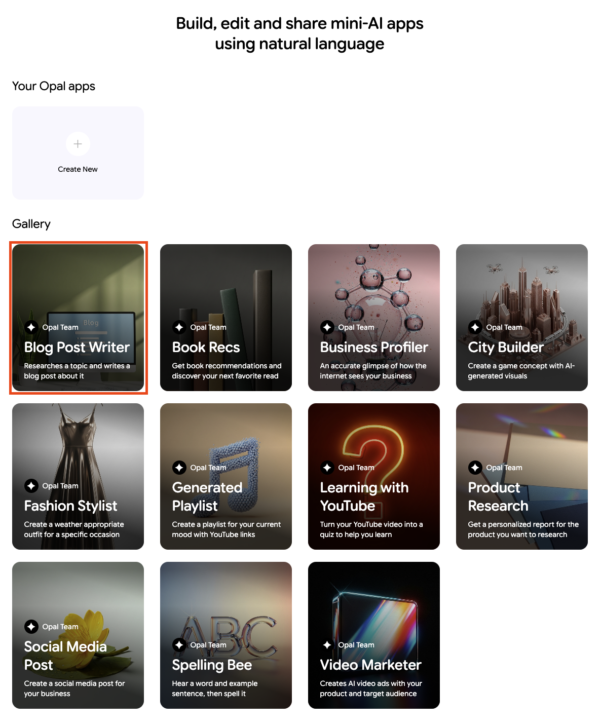 google opal에서 blog post writer 템플릿 클릭하는 화면