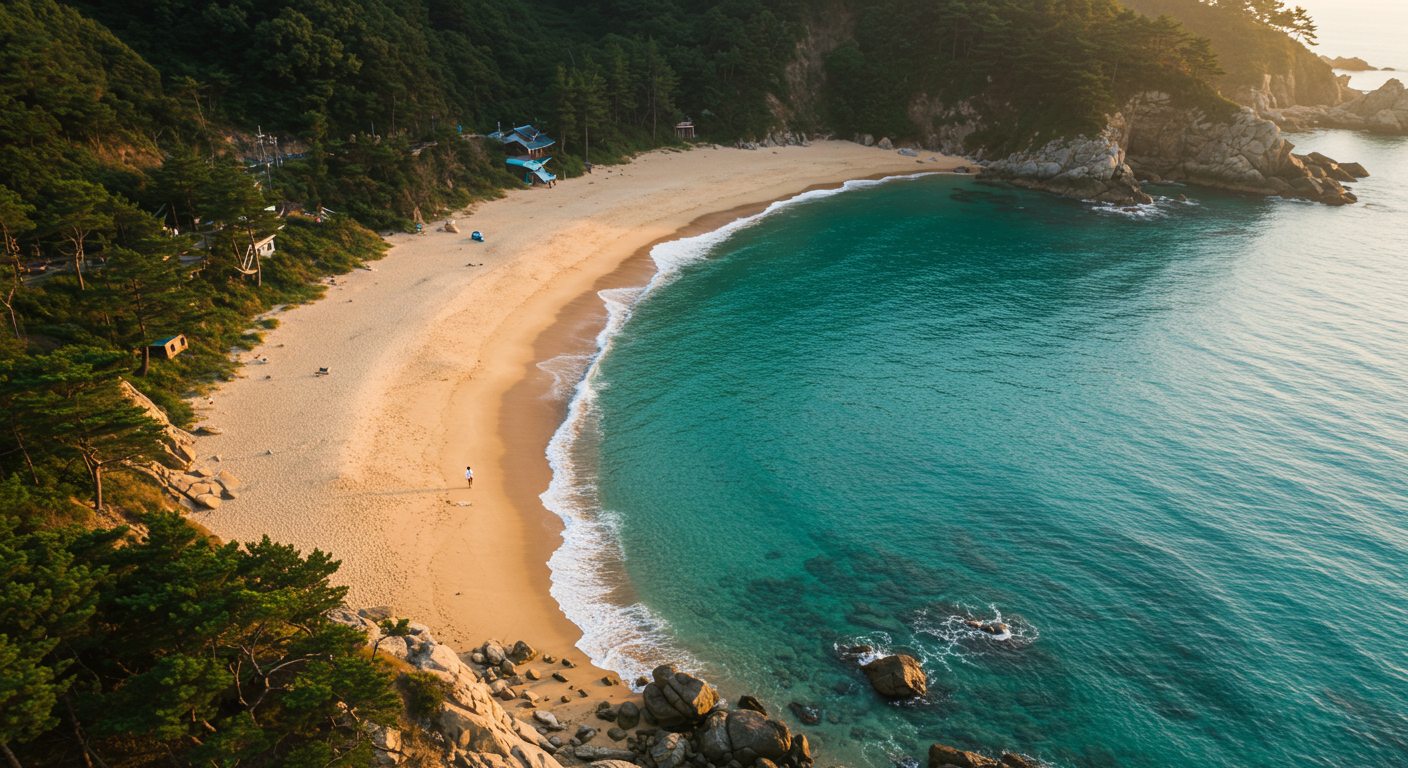 동해시의 숨겨진 해변에서 한국인 연인이 일출을 맞이하며 산책하는 모습