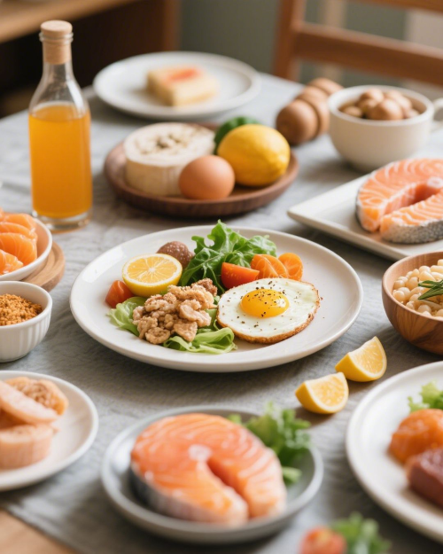 비타민D가 풍부한 연어, 달걀, 견과류, 버섯 등의 식단