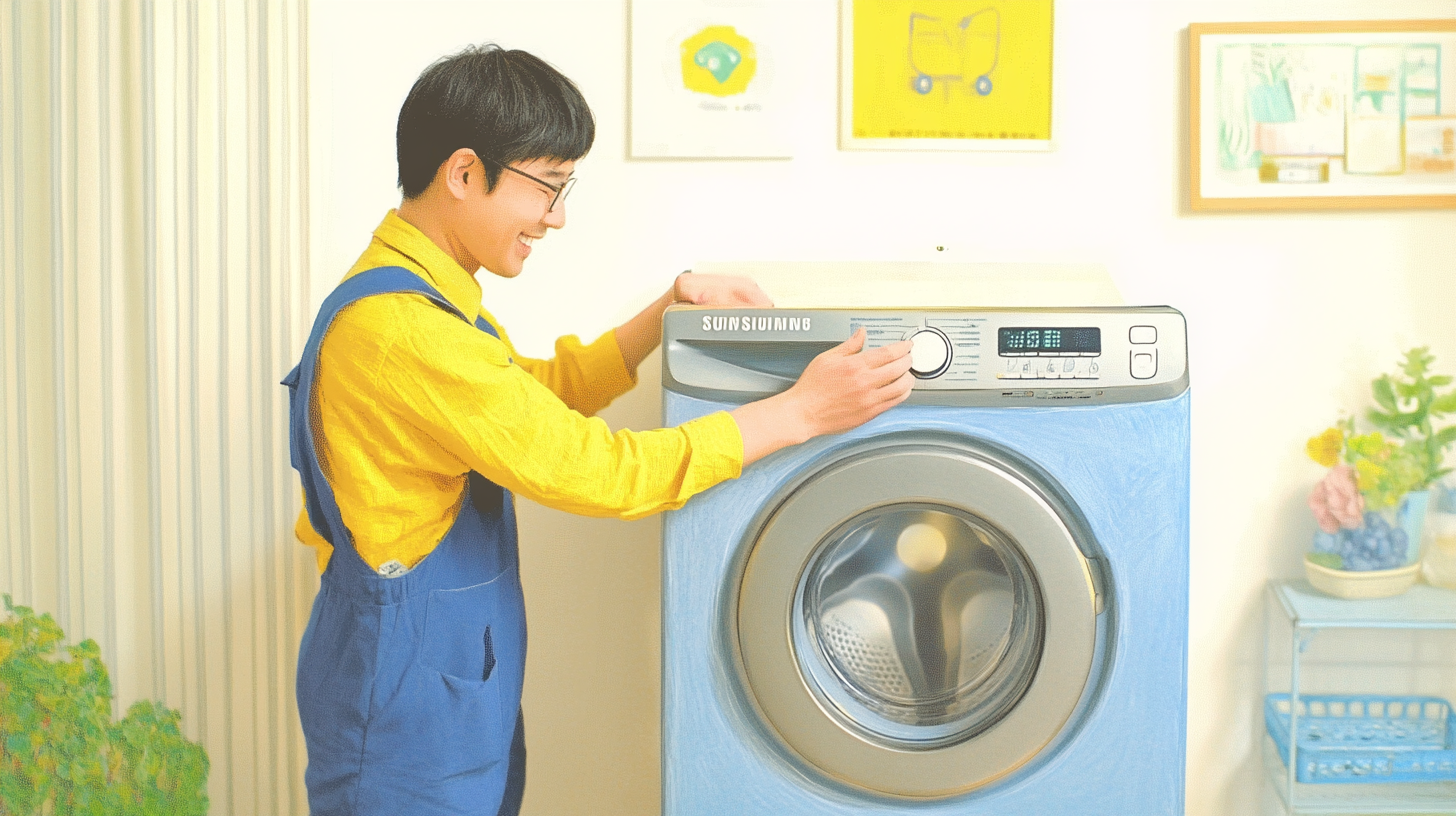 삼성 정품 서비스 기사가 세탁기에 대해 친절한 애프터서비스를 제공하는 모습으로, 신뢰성과 고객 만족도를 보여주는 현실적인 이미지입니다.